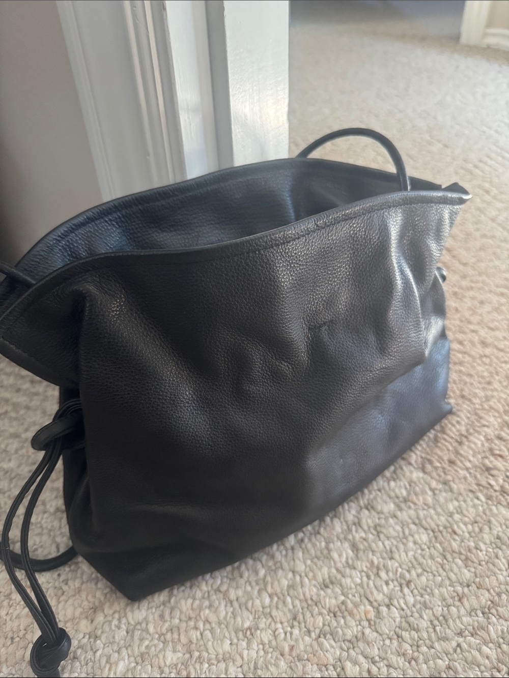 Black Leather Drawstring Crossbody/Shoulder Bag
